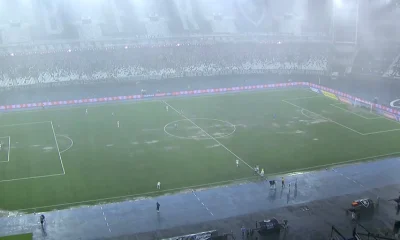 Temporal paralisa clássico Botafogo x Fluminense no Nilton Santos; gramado alaga em 5 minutos
