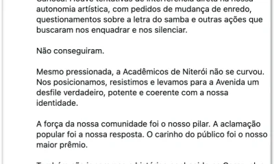 Carnaval 2026: Acadêmicos de Niterói denuncia "perseguições" após desfile pró-Lula e clama por julgamento justo