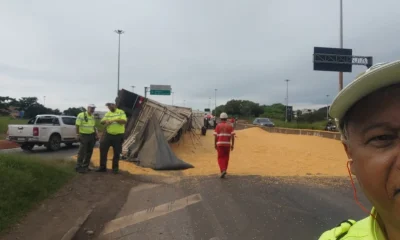 Anel Rodoviário de BH: Tombamento de carreta com milho causa interdição e lentidão no trânsito