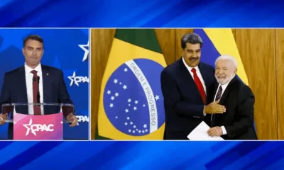 Flávio Bolsonaro expõe foto de Lula com Maduro na CPAC e critica governo brasileiro
