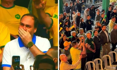 Carlos Bolsonaro chora em SC e cita "erros do pai" ao defender projeto político de Flávio